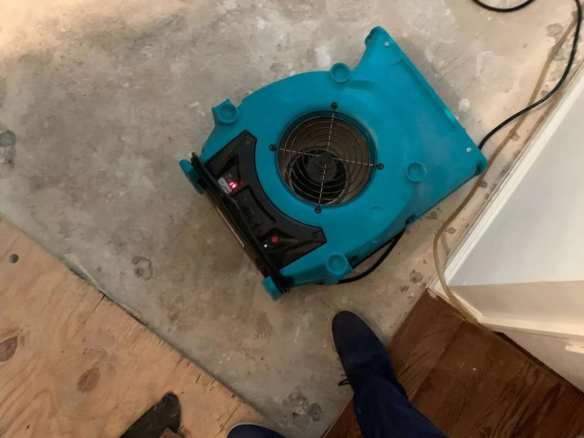 Air mover drying subfloor during Commercial Water Damage Restoration in Walnut Park